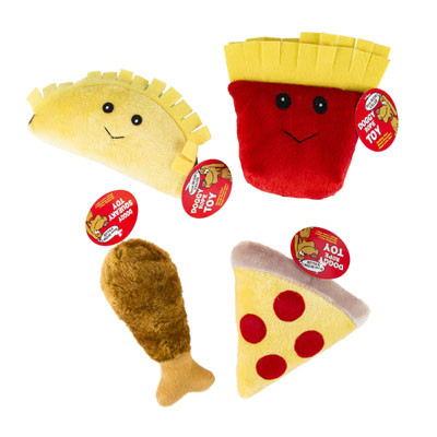 DOG TOY PLUSH FOOD ASSORTMENT W/SQUEAKER 4 STYLES IN PDQ #P30943