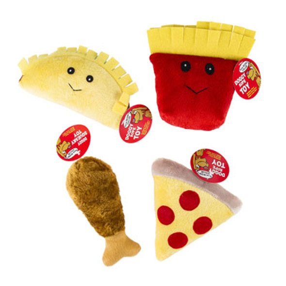 DOG TOY PLUSH FOOD ASSORTMENT W/SQUEAKER 4 STYLES IN PDQ #P30943