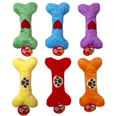 DOG TOY PLUSH 9IN BONE W/SQUKR 6 ASST COLORS 2 STYLES IN PDQ P30954+P30955