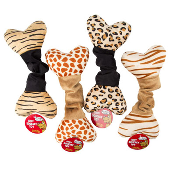 DOG TOY PLUSH/ELASTIC BONE 10INW/SQUEAKER 4 ASSORTED IN PDQ#P30948