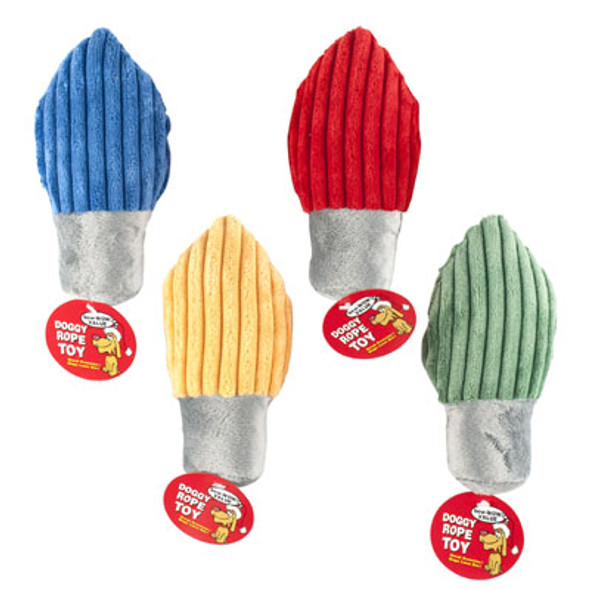 DOG TOY CHRISTMAS PLUSH LIGHT-BULBS W/SQUEAKER 7-IN 4 COLORS #P30945 COUNTER DISPLAY