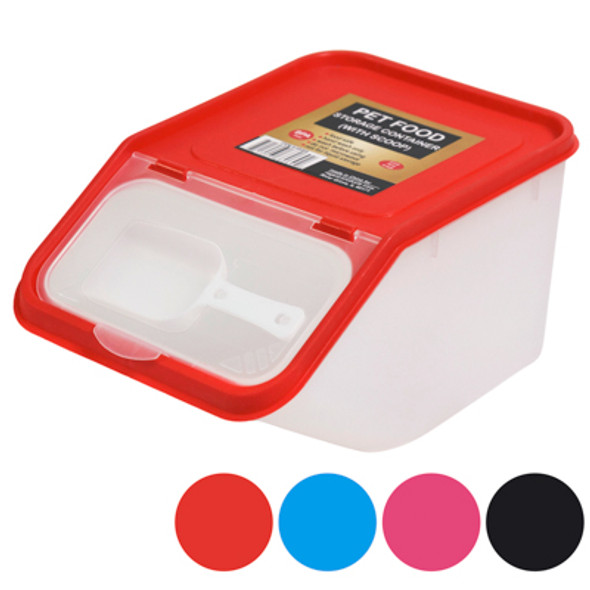 PET FOOD STORAGE BIN W/HINGED LID & SCOOP 75 OZ/9 CUPS/2 QT RANDOM COLORS REF #ST3579