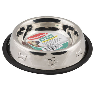 PET BOWL STAINLESS STEEL 16 OZ 2 CUP ANTI-SKID 150G 6.10 X 8.26 PAW/BONE EMBOSSED