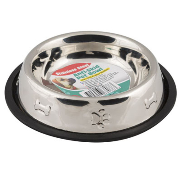 PET BOWL STAINLESS STEEL 16 OZ 2 CUP ANTI-SKID 150G 6.10 X 8.26 PAW/BONE EMBOSSED