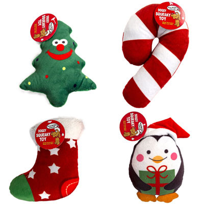 DOG TOY CHRISTMAS PLUSH 4 ASSORTED CANDY CANE/TREE/PENGUIN/STOCKING #P32152 COUNTER DISPLAY