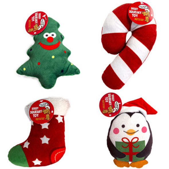 DOG TOY CHRISTMAS PLUSH 4 ASST CANDY CANE/TREE/PENGUIN/STOCKING IN PDQ #P32152