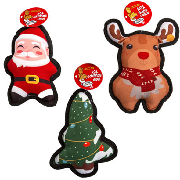 DOG TOY CHRISTMAS CANVAS 3 ASSORTED REINDEER/SANTA/TREE #P32155 COUNTER DISPLAY