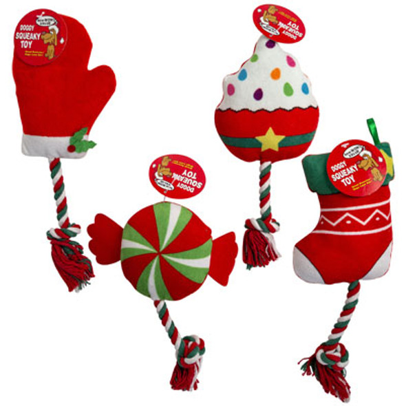 DOG TOY CHRISTMAS PLUSH & ROPE 4 STYLES #P32156 COUNTER DISPLAY