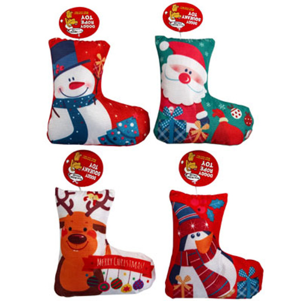 DOG TOY CHRISTMAS CANVAS STOCKING SNOWMAN/PENGUIN/REINDEER/SANTA 4 ASST IN PDQ #P32157