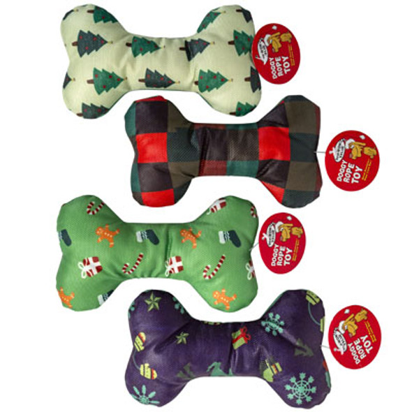 DOG TOY CHRISTMAS CANVAS BONE 7.5IN 4 ASSORTED STYLES #P32195 COUNTER DISPLAY