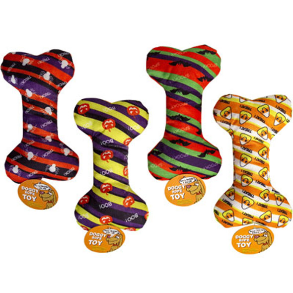 DOG TOY CANVAS HALLOWEEN BONE7.5 INCH 4 ASST PRINTS IN PDQ#P30199