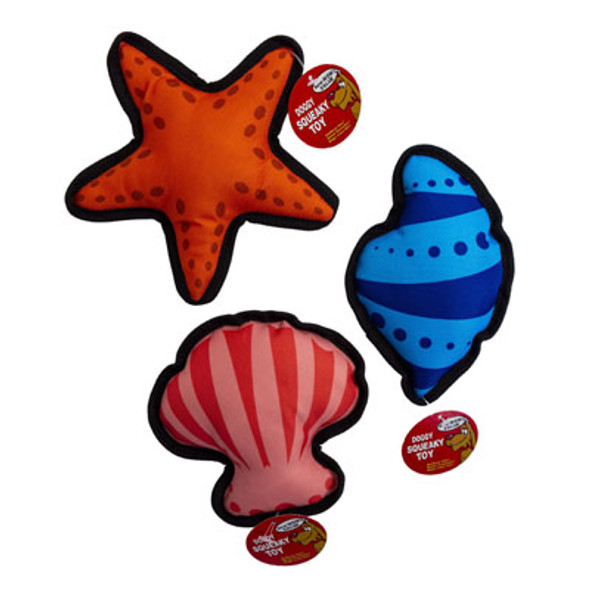 DOG TOY CANVAS AQUATIC 3 ASST FISH/STARFISH/SEASHELL IN PDQ #P32117