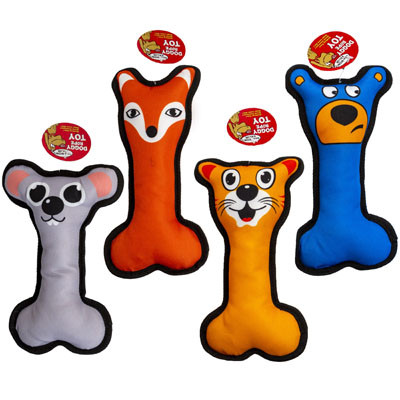 DOG TOY CANVAS BONE 9.5 INCH 4 ASST ANIMAL PRINTS IN PDQ #P32116