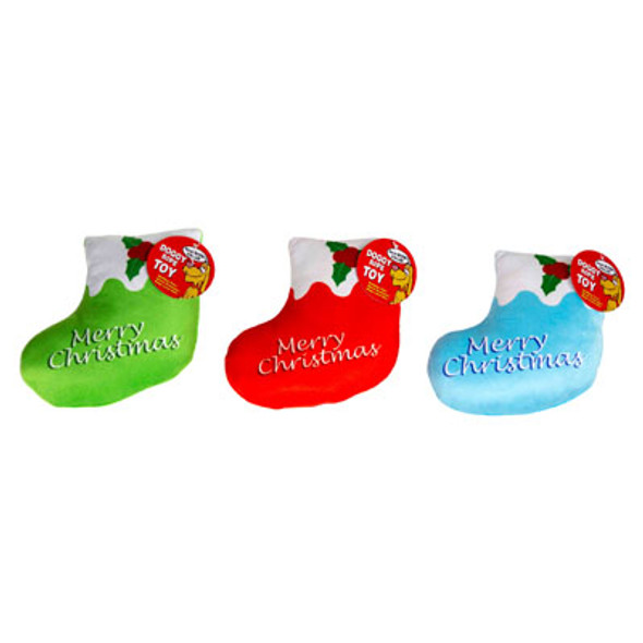 DOG TOY CHRISTMAS PLUSH STOCKING 3 ASST MERRY CHRISTMAS PRINT IN PDQ #P32591