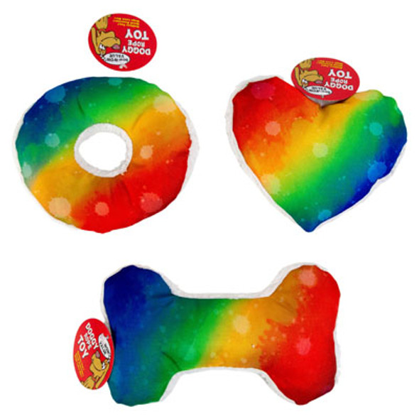 DOG TOY PLUSH 3 SHAPES RAINBOW DESIGN HANG TAG IN PDQ #P32580