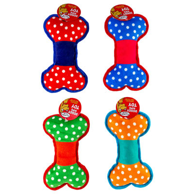 DOG TOY PLUSH 8 INCH BONE POLK A DOT DESIGN ASST HANG TAG IN PDQ #P32582