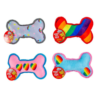 DOG TOY PLUSH 8IN BONE ASSORTED DESIGNS/COLORS HANG TAG IN PDQ#P32585