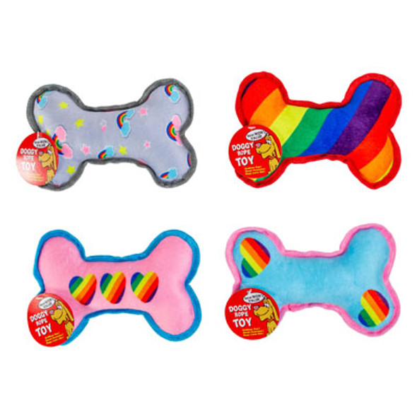 DOG TOY PLUSH 8IN BONE ASSORTED DESIGNS/COLORS HANG TAG IN PDQ#P32585