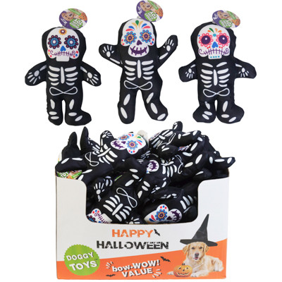 DOG TOY PLUSH HALLOWEEN SKELETON3 ASSORTED HANG TAG IN PDQ#P32602