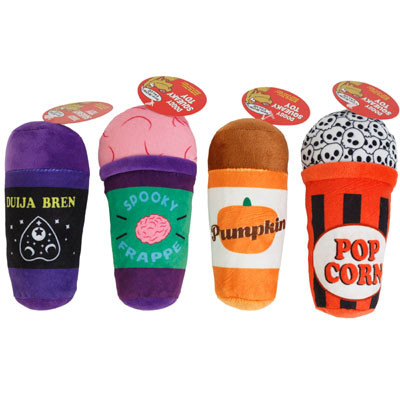 DOG TOY PLUSH HALLOWEEN SPOOKY DRINK 4 ASSORTED HANG TAG #P32933 COUNTER DISPLAY