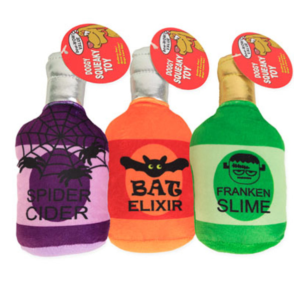 DOG TOY PLUSH HALLOWEEN 3 ASSORTED POISON BOTTLE HANG TAG #P32931 COUNTER DISPLAY