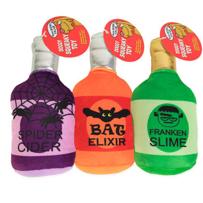 DOG TOY PLUSH HALLOWEEN 3 ASSORTED POISON BOTTLE HANG TAG #P32931 COUNTER DISPLAY