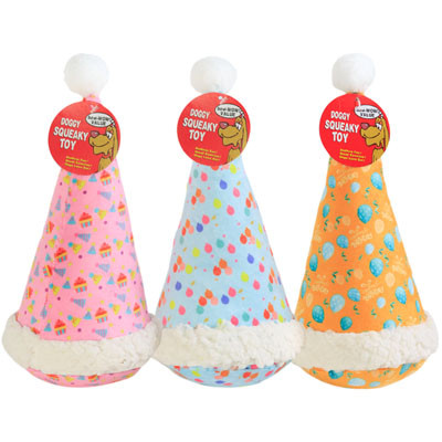 DOG TOY BIRTHDAY PLUSH HAT3 ASST DESIGNS 11 INCH IN PDQ #P32897