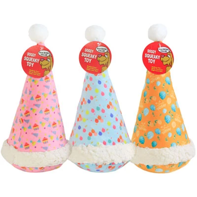 DOG TOY BIRTHDAY PLUSH HAT3 ASST DESIGNS 11 INCH IN PDQ #P32897