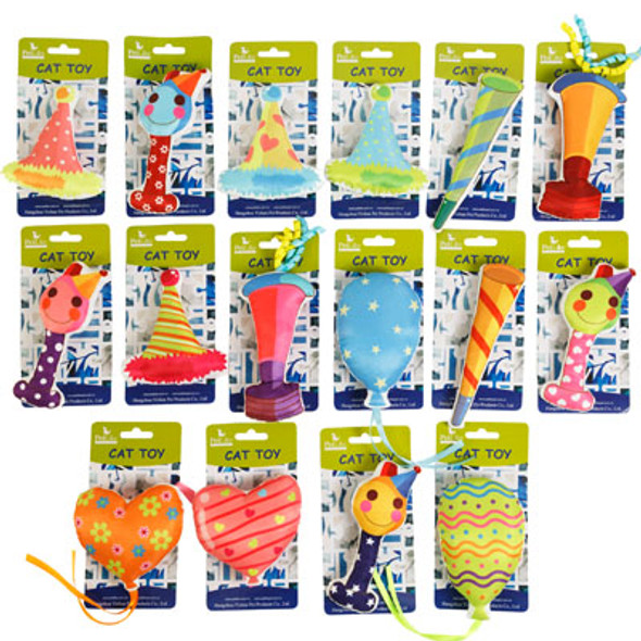 CAT TOY COLORFUL BIRTHDAY PLAY W/FEATHER 4 STYLE ASSORTMENT IN MERCH STRIP