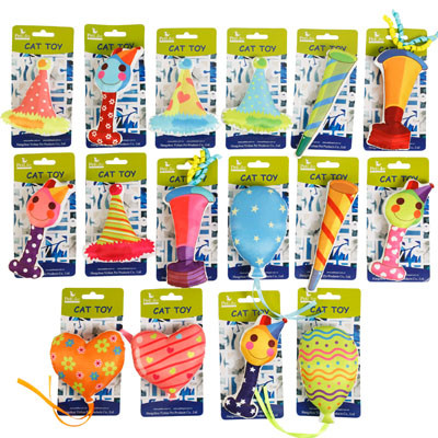 CAT TOY COLORFUL BIRTHDAY PLAY W/FEATHER 4 STYLE ASSORTMENT IN MERCH STRIP