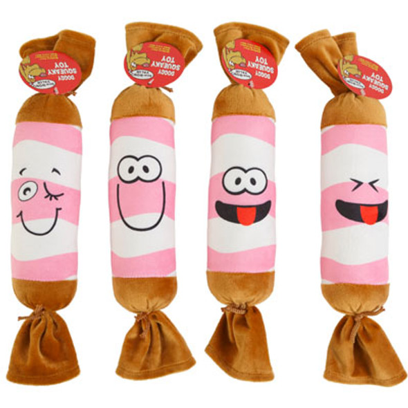 DOG TOY PLUSH SILLY FACE SAUSAGE 4 ASSORTED HANG TAG IN PDQ #P32906