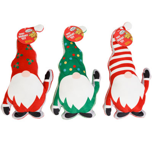 CHRISTMAS DOG TOY PLUSH LARGE 11 INCH GNOME 3 ASSORTED #L20120 COUNTER DISPLAY