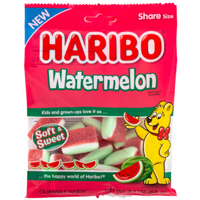 HARIBO WATERMELON GUMMI CANDY 3.1 OZ PEG BAG
