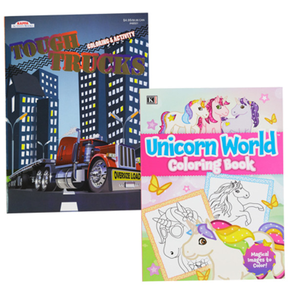 COLORING BOOKS UNICORN AND TOUGH TRUCKS 2 ASSORTED FLOOR DISPLAY