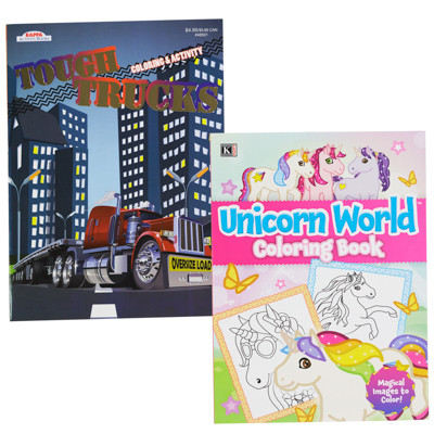 COLORING BOOKS UNICORN AND TOUGH TRUCKS 2 ASSORTED FLOOR DISPLAY