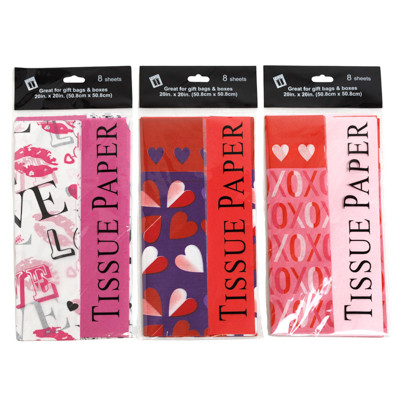TISSUE 8CT 3AST VALENTINE PRINT 4PC SOLID/4PRINT PER PK SHORTFOLD 20X20