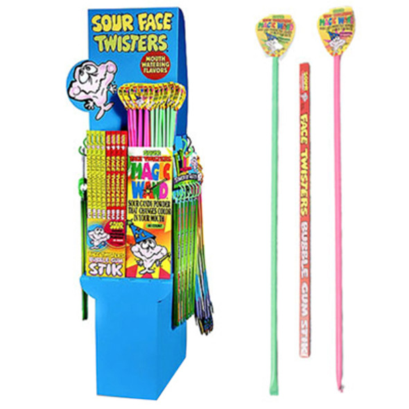 SOUR FACE TWISTERS BUBBLE GUM & CANDY POWDER STICKS FLOOR DISPLAY