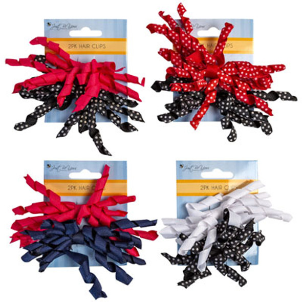 HAIR CLIP 2PK CURLY BOW ASST GROSGRAIN SOLID/POLKA DOT 5X3IN TCD JUST BE YOU ART