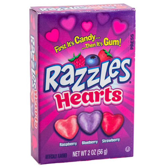 VALENTINE CANDY RAZZLES HEARTS 2 OZ BOX PDQ