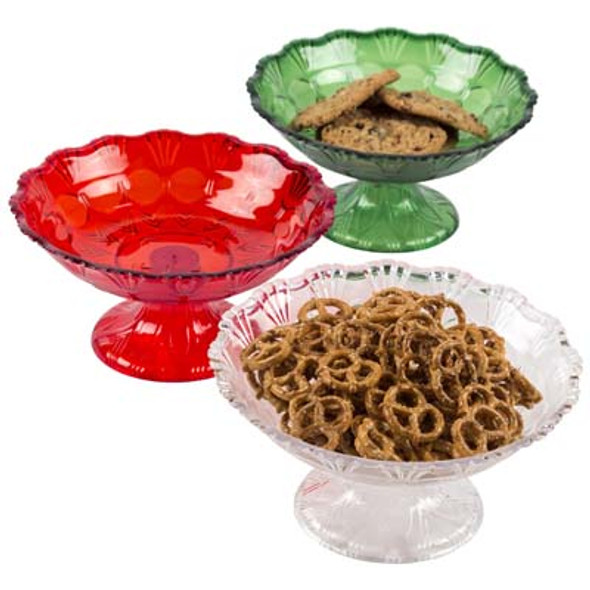 SERVING DISH ON PEDESTAL EMBOSSED CUT-GLASS LOOK RED/CLEAR/GREEN 8.78"DX4.33"H CASE CUT DISPLAY