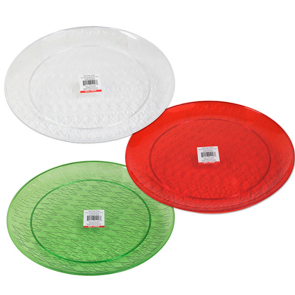 SERVING TRAY 14IN DIA CUT GLASS LOOK GREEN/RED/CLEAR 14.02IN DIA CASE CUT DISPLAY