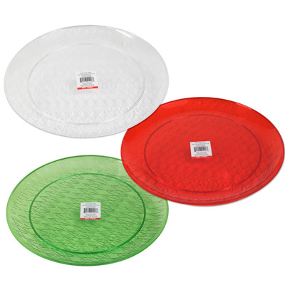SERVING TRAY 14IN DIA CUT GLASS LOOK GREEN/RED/CLEAR 14.02IN DIA CASE CUT DISPLAY