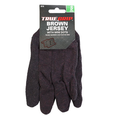GLOVES BROWN JERSEY SMALL W/MINI DOTS TRUE GRIP PEGGABLE