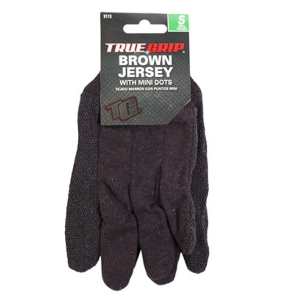 GLOVES BROWN JERSEY SMALL W/MINI DOTS TRUE GRIP PEGGABLE