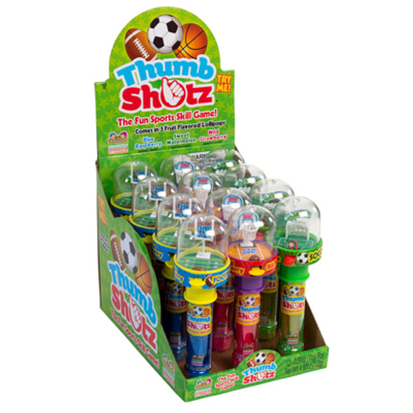 CANDY THUMB SHOTZ LOLLIPOP3 ASST FLAVORS .39 OZ 12PC PDQ