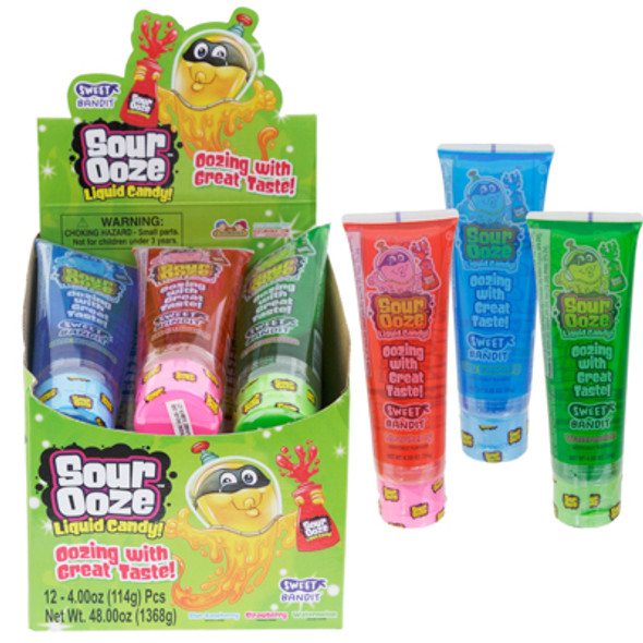 CANDY SOUR OOZE 12CT 4OZ TUBE 3 ASSORTED FLAVORS WATERMELON, STRAWBERRY & BLUE RASPBERRY COUNTER DISPLAY CANDY SOUR OOZE 12CT 4OZ TUBE 3 ASSORTED FLAVORS WATERMELON, STRAWBERRY & BLUE RASPBERRY COUNTER DISPLAY