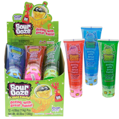 CANDY SOUR OOZE 12CT 4OZ TUBE 3 ASSORTED FLAVORS WATERMELON, STRAWBERRY & BLUE RASPBERRY COUNTER DISPLAY
