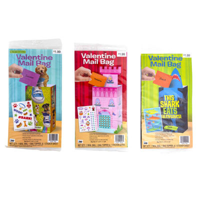 VALENTINE DAY MAIL BAG, TOPPER,STICKERS 3 ASSORTED PP $1.99