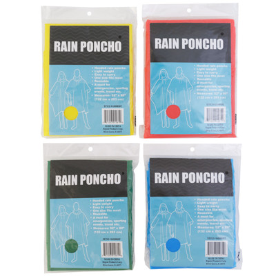 RAIN PONCHO W/HOOD PEVA PLASTIC 52 X 80IN/60G 4AST COLORS PB INSERT