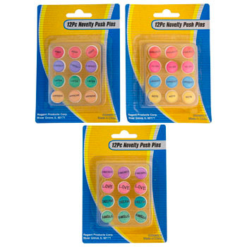 PUSH PINS 12PC NOVELTY WORDED 3 ASSORTED 12PC STAT BLISTER ON MERCH STRIP